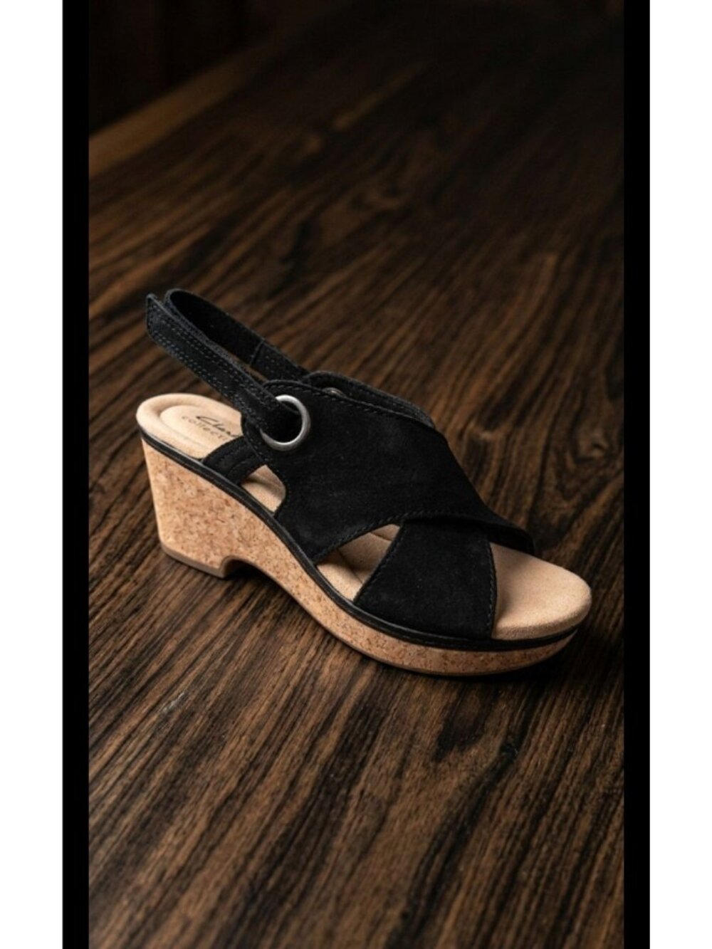 Clarks Collection Nubuck Black Giselle Open Toe Sling Back Wedge Sandals Size 9M